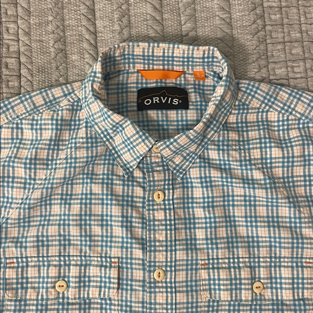 Orvis Teal and White Checkered Performance Fishing Shirt